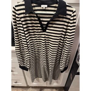 Voy Womens Striped Knit Mini Dress Black White Metallic Long Sleeve Collared M